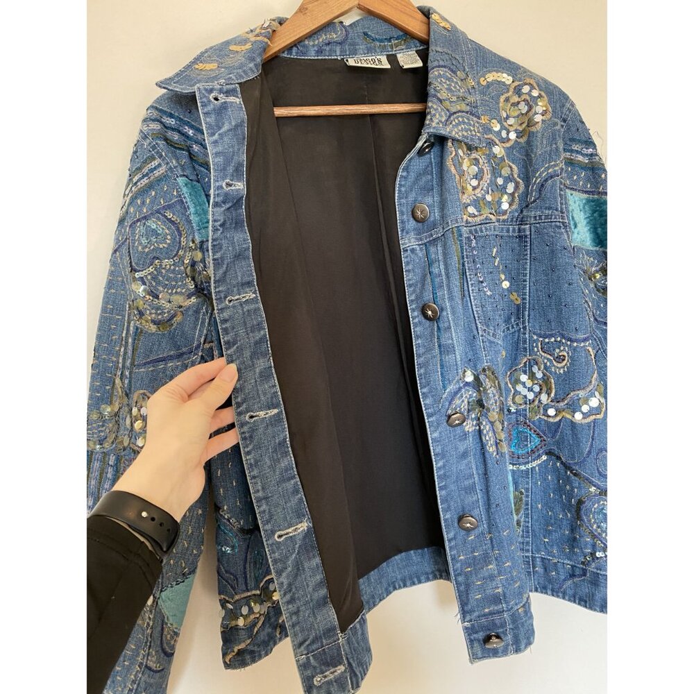 Chico’s Design Denim Jacket Size 2 Embellished Felt & Bedazzled Details - Picture 8 of 14